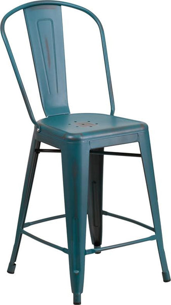 Flash Furniture 24'' High Distressed Kelly Blue-Teal Metal Indoor-Outdoor Counter Height Stool with Back - ET-3534-24-KB-GG