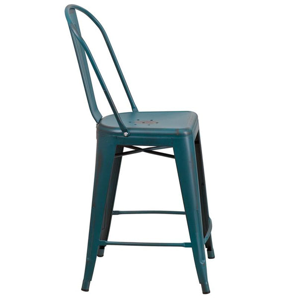 Flash Furniture 24'' High Distressed Kelly Blue-Teal Metal Indoor-Outdoor Counter Height Stool with Back - ET-3534-24-KB-GG