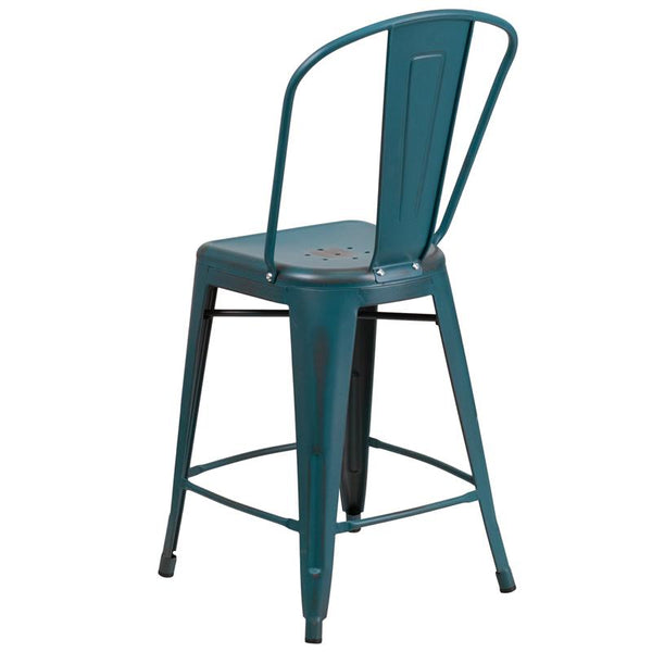 Flash Furniture 24'' High Distressed Kelly Blue-Teal Metal Indoor-Outdoor Counter Height Stool with Back - ET-3534-24-KB-GG