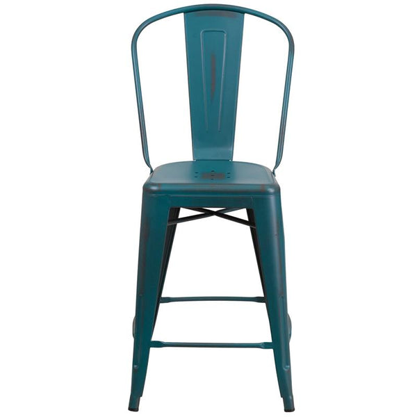 Flash Furniture 24'' High Distressed Kelly Blue-Teal Metal Indoor-Outdoor Counter Height Stool with Back - ET-3534-24-KB-GG