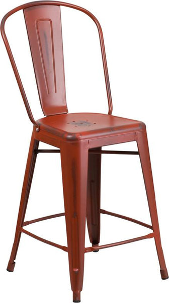 Flash Furniture 24'' High Distressed Kelly Red Metal Indoor-Outdoor Counter Height Stool with Back - ET-3534-24-RD-GG