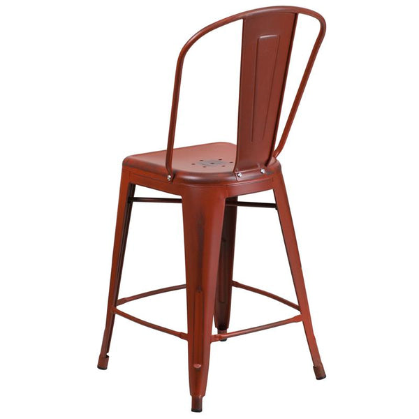 Flash Furniture 24'' High Distressed Kelly Red Metal Indoor-Outdoor Counter Height Stool with Back - ET-3534-24-RD-GG