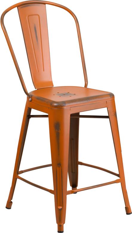 Flash Furniture 24'' High Distressed Orange Metal Indoor-Outdoor Counter Height Stool with Back - ET-3534-24-OR-GG