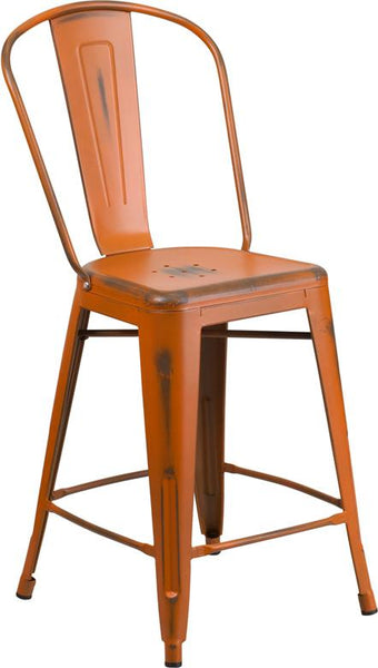 Flash Furniture 24'' High Distressed Orange Metal Indoor-Outdoor Counter Height Stool with Back - ET-3534-24-OR-GG