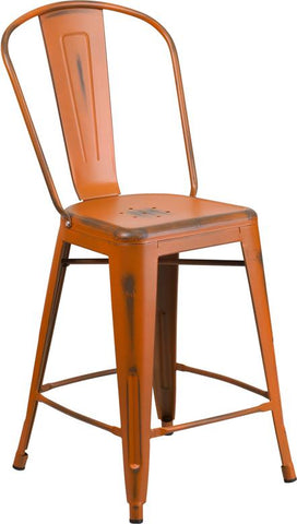 Flash Furniture 24'' High Distressed Orange Metal Indoor-Outdoor Counter Height Stool with Back - ET-3534-24-OR-GG