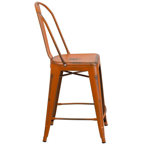 Flash Furniture 24'' High Distressed Orange Metal Indoor-Outdoor Counter Height Stool with Back - ET-3534-24-OR-GG