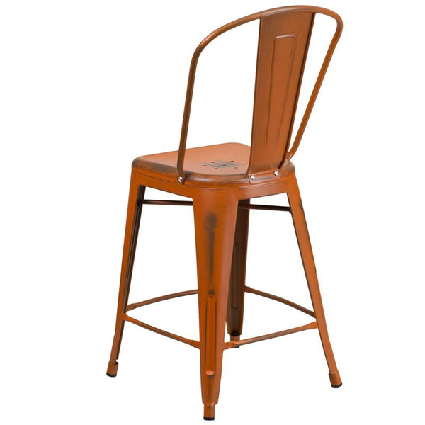 Flash Furniture 24'' High Distressed Orange Metal Indoor-Outdoor Counter Height Stool with Back - ET-3534-24-OR-GG