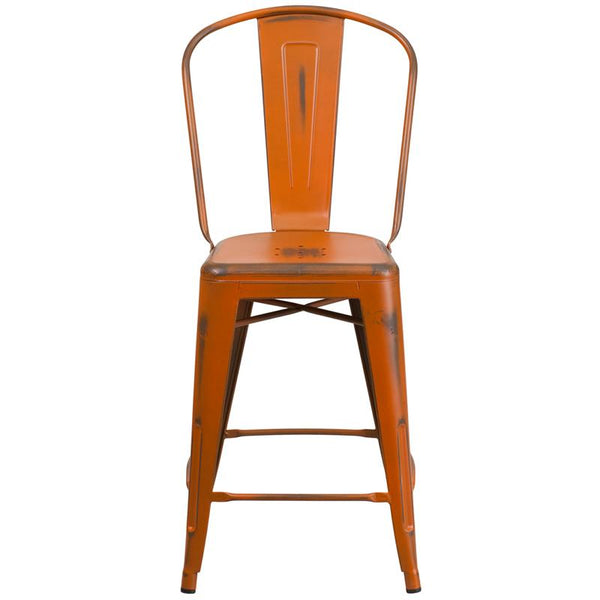 Flash Furniture 24'' High Distressed Orange Metal Indoor-Outdoor Counter Height Stool with Back - ET-3534-24-OR-GG