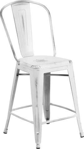 Flash Furniture 24'' High Distressed White Metal Indoor-Outdoor Counter Height Stool with Back - ET-3534-24-WH-GG