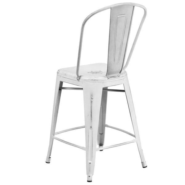 Flash Furniture 24'' High Distressed White Metal Indoor-Outdoor Counter Height Stool with Back - ET-3534-24-WH-GG