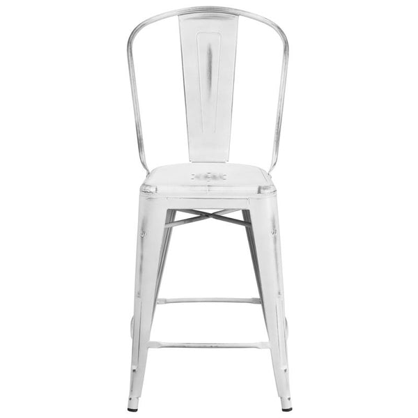 Flash Furniture 24'' High Distressed White Metal Indoor-Outdoor Counter Height Stool with Back - ET-3534-24-WH-GG