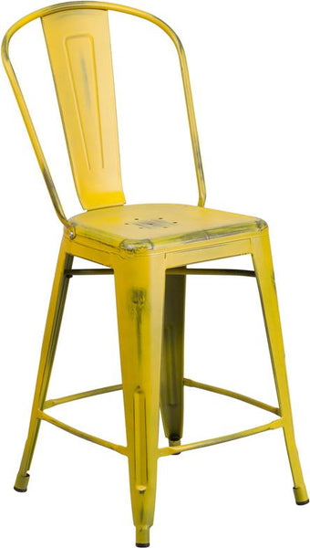 Flash Furniture 24'' High Distressed Yellow Metal Indoor-Outdoor Counter Height Stool with Back - ET-3534-24-YL-GG