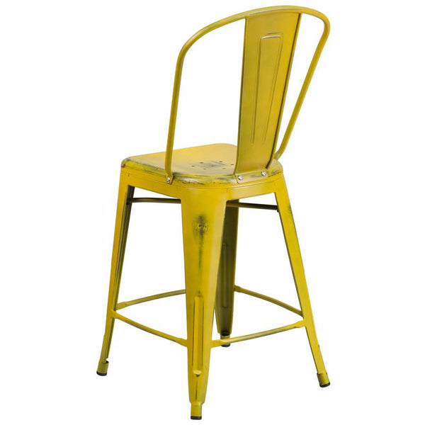 Flash Furniture 24'' High Distressed Yellow Metal Indoor-Outdoor Counter Height Stool with Back - ET-3534-24-YL-GG