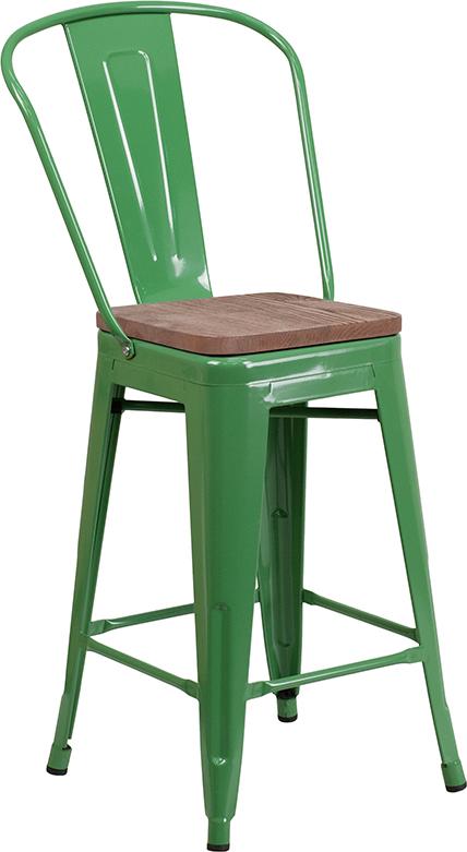 Flash Furniture 24" High Green Metal Counter Height Stool with Back and Wood Seat - CH-31320-24GB-GN-WD-GG