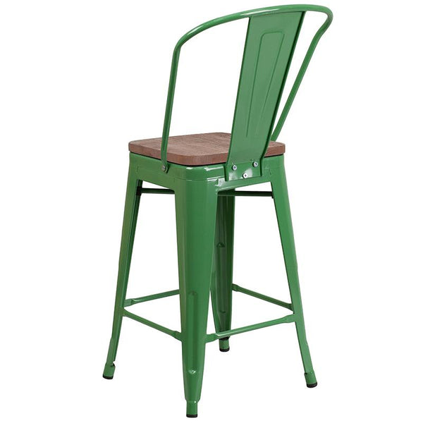 Flash Furniture 24" High Green Metal Counter Height Stool with Back and Wood Seat - CH-31320-24GB-GN-WD-GG