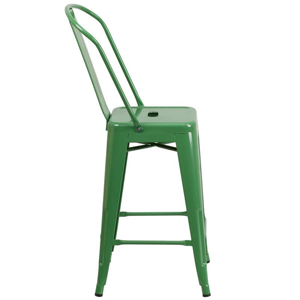 Flash Furniture 24'' High Green Metal Indoor-Outdoor Counter Height Stool with Back - CH-31320-24GB-GN-GG