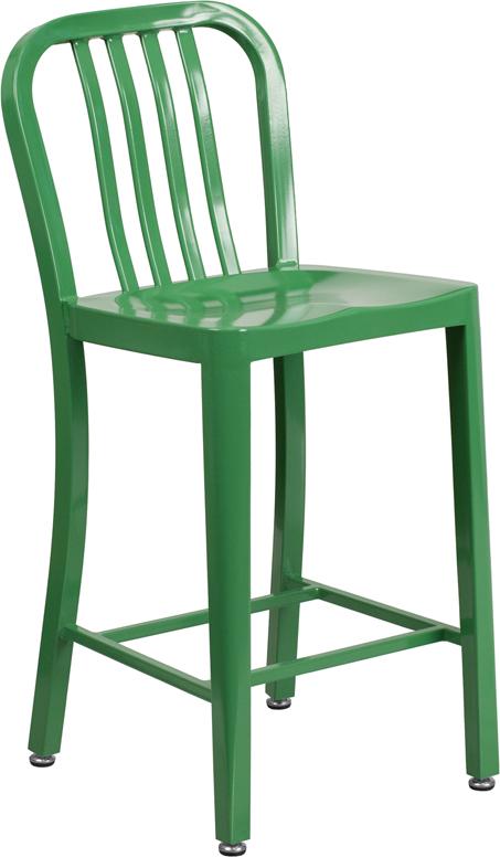Flash Furniture 24'' High Green Metal Indoor-Outdoor Counter Height Stool with Vertical Slat Back - CH-61200-24-GN-GG