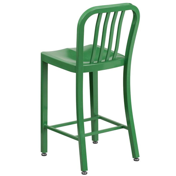 Flash Furniture 24'' High Green Metal Indoor-Outdoor Counter Height Stool with Vertical Slat Back - CH-61200-24-GN-GG