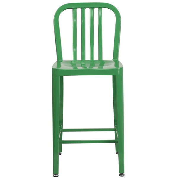 Flash Furniture 24'' High Green Metal Indoor-Outdoor Counter Height Stool with Vertical Slat Back - CH-61200-24-GN-GG