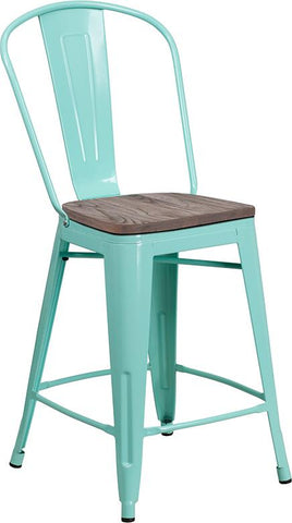 Flash Furniture 24" High Mint Green Metal Counter Height Stool with Back and Wood Seat - ET-3534-24-MINT-WD-GG