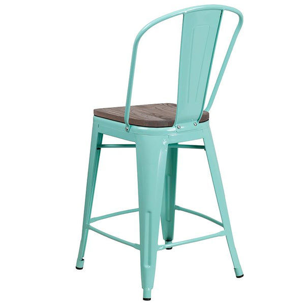 Flash Furniture 24" High Mint Green Metal Counter Height Stool with Back and Wood Seat - ET-3534-24-MINT-WD-GG