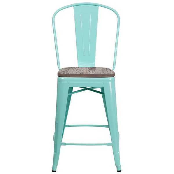 Flash Furniture 24" High Mint Green Metal Counter Height Stool with Back and Wood Seat - ET-3534-24-MINT-WD-GG