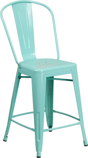 Flash Furniture 24'' High Mint Green Metal Indoor-Outdoor Counter Height Stool with Back - ET-3534-24-MINT-GG