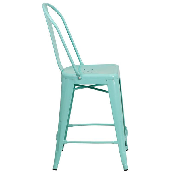 Flash Furniture 24'' High Mint Green Metal Indoor-Outdoor Counter Height Stool with Back - ET-3534-24-MINT-GG