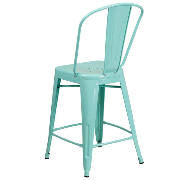 Flash Furniture 24'' High Mint Green Metal Indoor-Outdoor Counter Height Stool with Back - ET-3534-24-MINT-GG