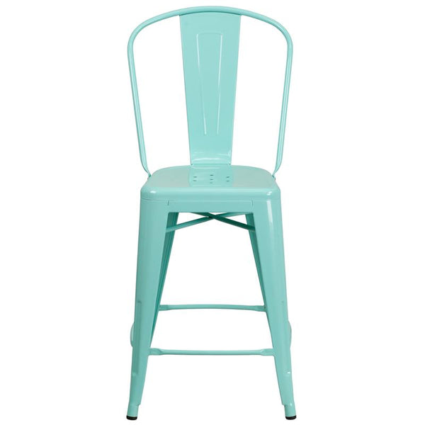 Flash Furniture 24'' High Mint Green Metal Indoor-Outdoor Counter Height Stool with Back - ET-3534-24-MINT-GG