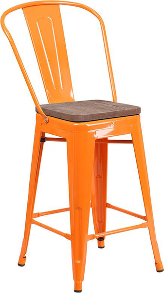 Flash Furniture 24" High Orange Metal Counter Height Stool with Back and Wood Seat - CH-31320-24GB-OR-WD-GG