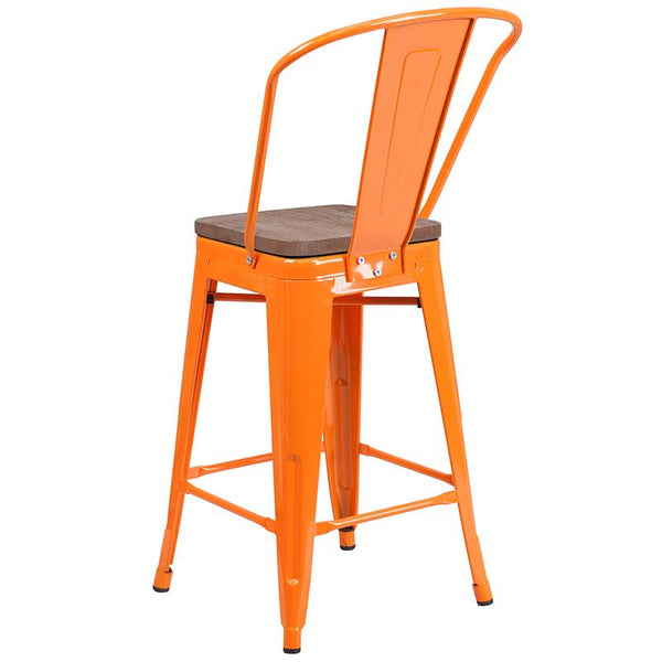 Flash Furniture 24" High Orange Metal Counter Height Stool with Back and Wood Seat - CH-31320-24GB-OR-WD-GG