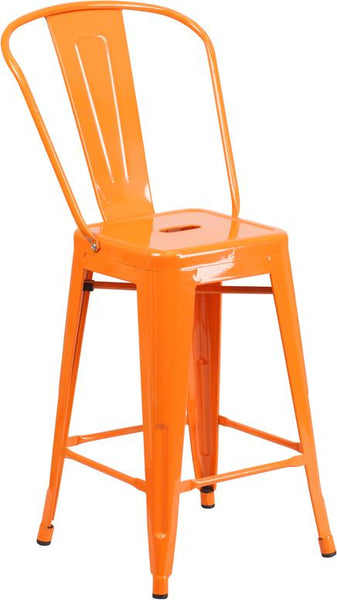 Flash Furniture 24'' High Orange Metal Indoor-Outdoor Counter Height Stool with Back - CH-31320-24GB-OR-GG