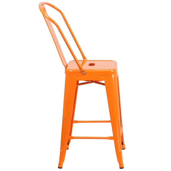 Flash Furniture 24'' High Orange Metal Indoor-Outdoor Counter Height Stool with Back - CH-31320-24GB-OR-GG