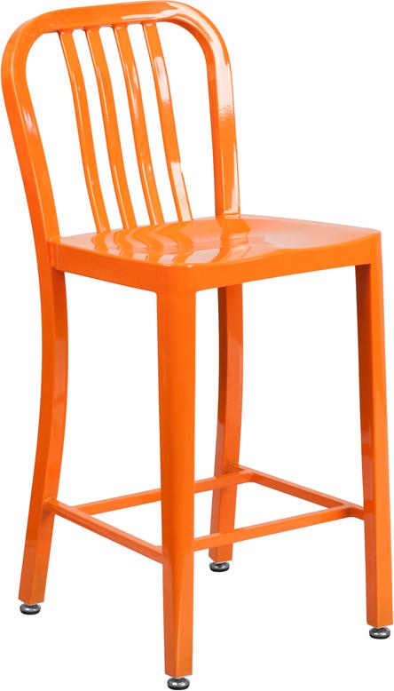 Flash Furniture 24'' High Orange Metal Indoor-Outdoor Counter Height Stool with Vertical Slat Back - CH-61200-24-OR-GG