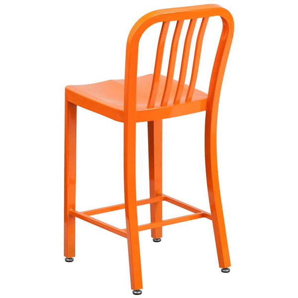 Flash Furniture 24'' High Orange Metal Indoor-Outdoor Counter Height Stool with Vertical Slat Back - CH-61200-24-OR-GG