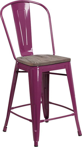 Flash Furniture 24" High Purple Metal Counter Height Stool with Back and Wood Seat - ET-3534-24-PUR-WD-GG