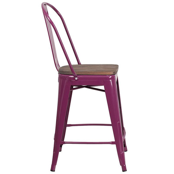 Flash Furniture 24" High Purple Metal Counter Height Stool with Back and Wood Seat - ET-3534-24-PUR-WD-GG