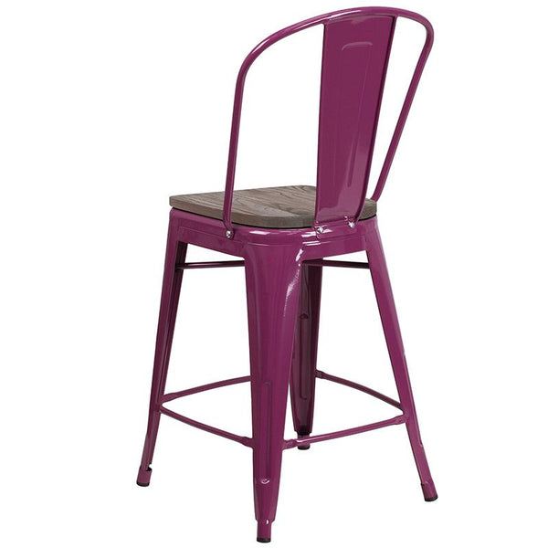 Flash Furniture 24" High Purple Metal Counter Height Stool with Back and Wood Seat - ET-3534-24-PUR-WD-GG