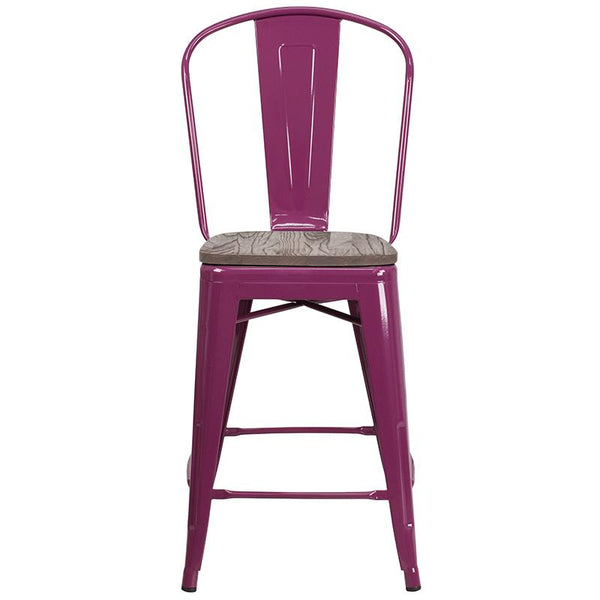 Flash Furniture 24" High Purple Metal Counter Height Stool with Back and Wood Seat - ET-3534-24-PUR-WD-GG