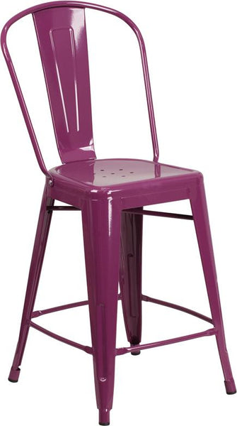 Flash Furniture 24'' High Purple Metal Indoor-Outdoor Counter Height Stool with Back - ET-3534-24-PUR-GG