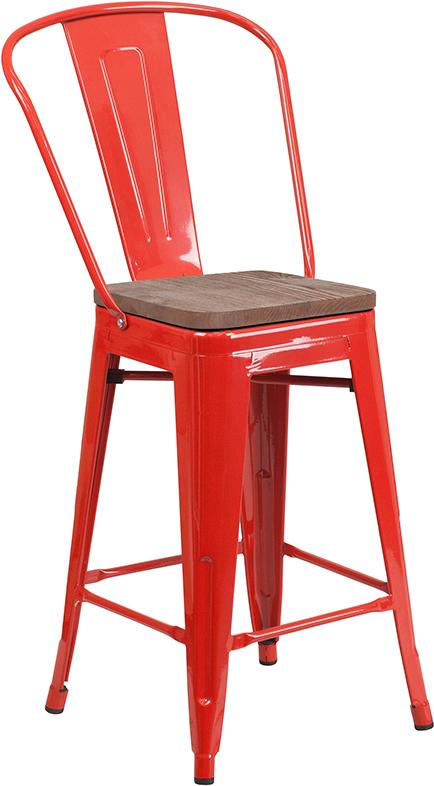 Flash Furniture 24" High Red Metal Counter Height Stool with Back and Wood Seat - CH-31320-24GB-RED-WD-GG