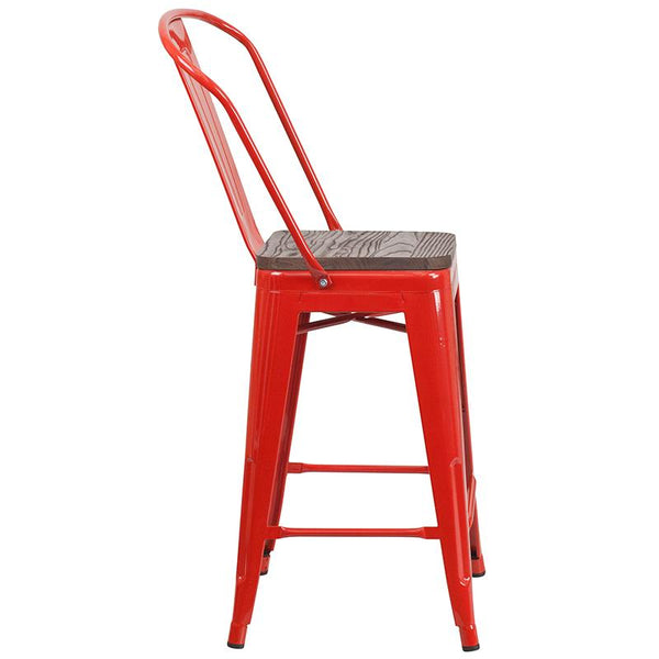 Flash Furniture 24" High Red Metal Counter Height Stool with Back and Wood Seat - CH-31320-24GB-RED-WD-GG