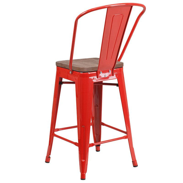 Flash Furniture 24" High Red Metal Counter Height Stool with Back and Wood Seat - CH-31320-24GB-RED-WD-GG