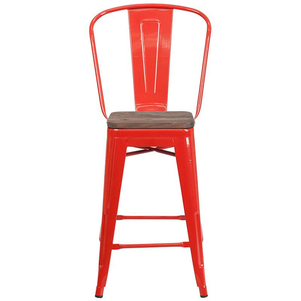 Flash Furniture 24" High Red Metal Counter Height Stool with Back and Wood Seat - CH-31320-24GB-RED-WD-GG