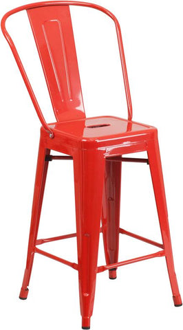 Flash Furniture 24'' High Red Metal Indoor-Outdoor Counter Height Stool with Back - CH-31320-24GB-RED-GG