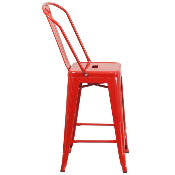 Flash Furniture 24'' High Red Metal Indoor-Outdoor Counter Height Stool with Back - CH-31320-24GB-RED-GG