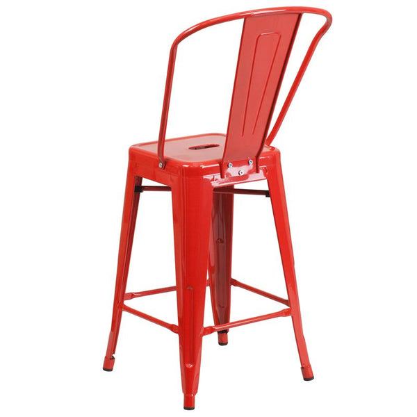 Flash Furniture 24'' High Red Metal Indoor-Outdoor Counter Height Stool with Back - CH-31320-24GB-RED-GG