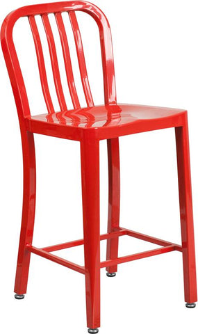 Flash Furniture 24'' High Red Metal Indoor-Outdoor Counter Height Stool with Vertical Slat Back - CH-61200-24-RED-GG