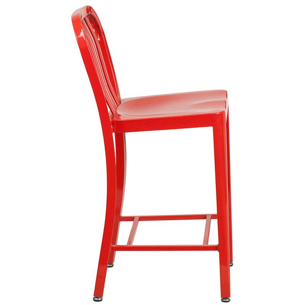 Flash Furniture 24'' High Red Metal Indoor-Outdoor Counter Height Stool with Vertical Slat Back - CH-61200-24-RED-GG